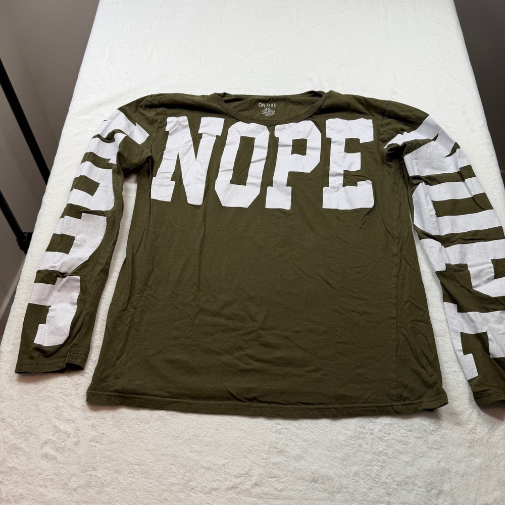 On Fire Graphic Tee Womens 3X Olive Green Excellent NOPE Long Sleeve Shirt‎